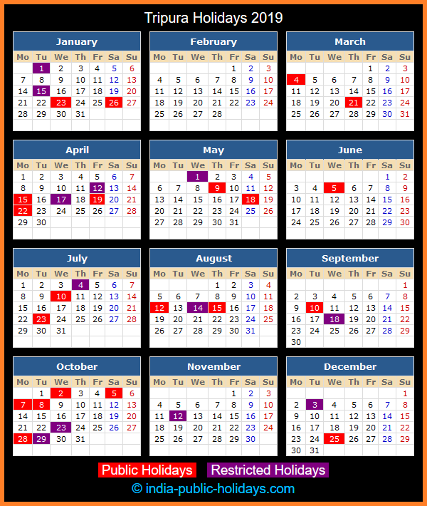 Tripura Holiday Calendar 2019